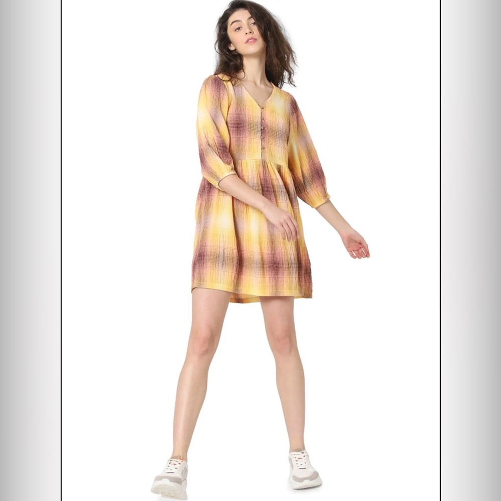 Plaid Button-Down V neck Women's Mini Dress